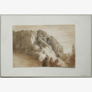 Vier Landschaften, 1. Burgruine, 2. Felsen, verso Figur 3. Kleine Gebude, 4. Mhle