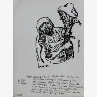 Vier Zeichnungen: Mrchen aus 1001 Nacht: Geschichte der Abenteuer Haruns, Baba Abdallah der Blinde 1-4